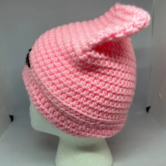 Handmade Crochet Light Pink Knit Cap w/Black Accent OS - Picture 6 of 11